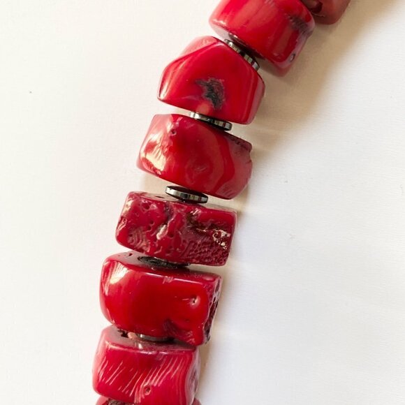 Vintage Chunky Blood Red Coral Sterling Silver Pendant Necklace sz 20" 10.3 oz - Picture 4 of 12